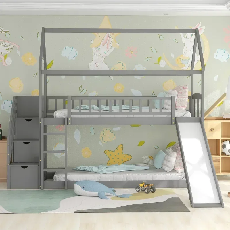 Bunk Bed With Stairs And Slide - Wytrzymałe, drewniane łóżko dla dzieci, składane