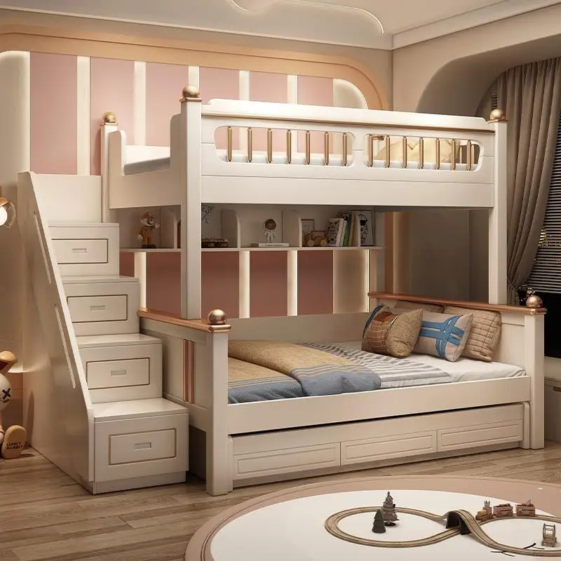 King Size Bed Frame With Storage Drawers - Łóżko piętrowe z drewnianym materacem 135x190cm,