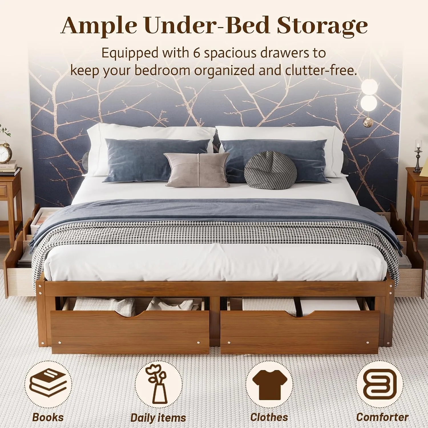 King Size Bed Frame With Storage Drawers - Minimalistyczna rama łóżka z drewna sosnowego,