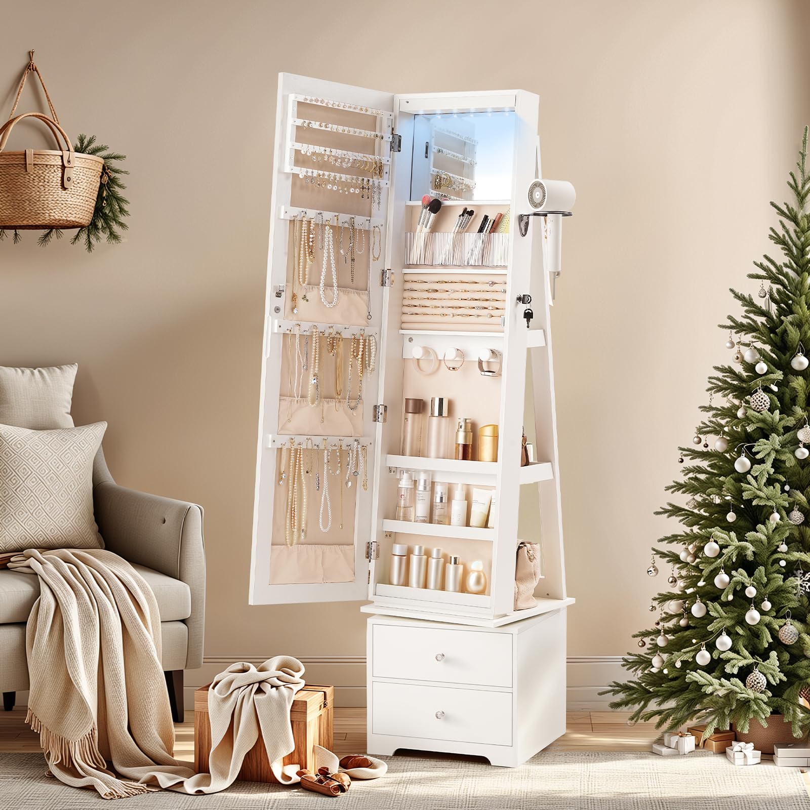 360 °   Obracana szafka na biż – Full Length Mirror Jewelry Armoire recenzja i cena